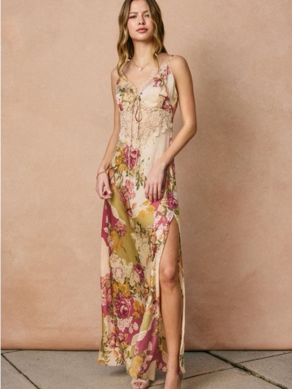 By Together Floral Lace-Trim Maxi Dress in Beige and Rose